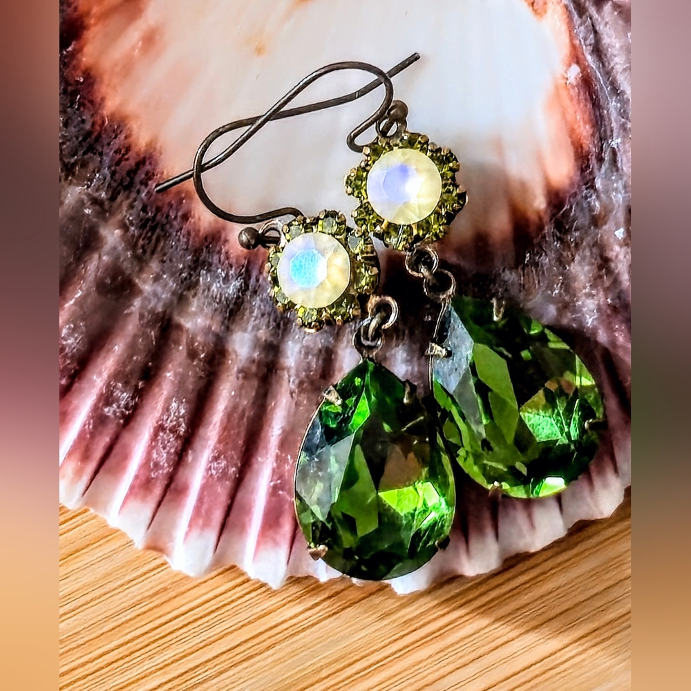 Victorian Christmas Pine Green & Flower Swarovski Elements Brass Earrings